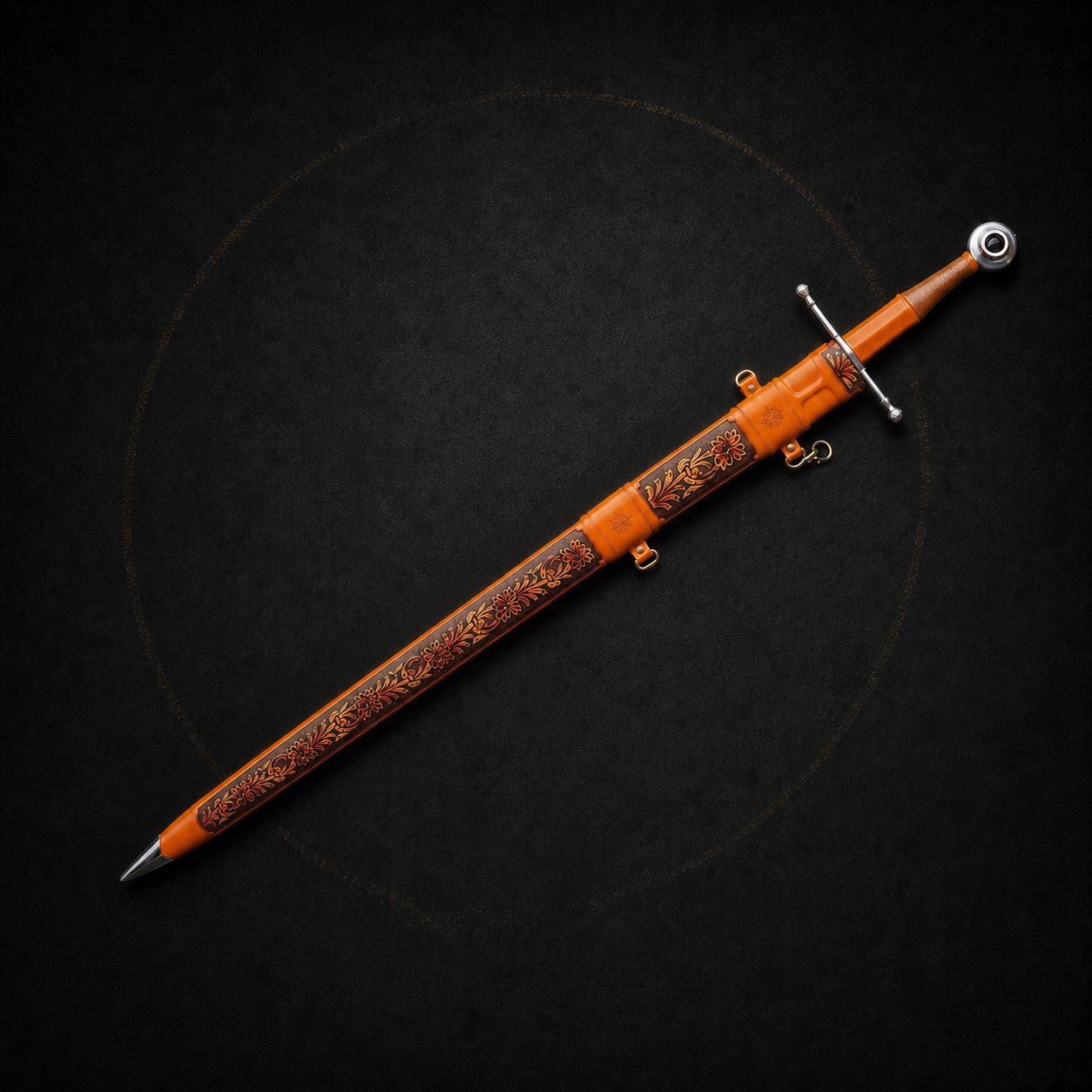 Aurantia medieval longsword fully sheathed in ornate orange leather scabbard