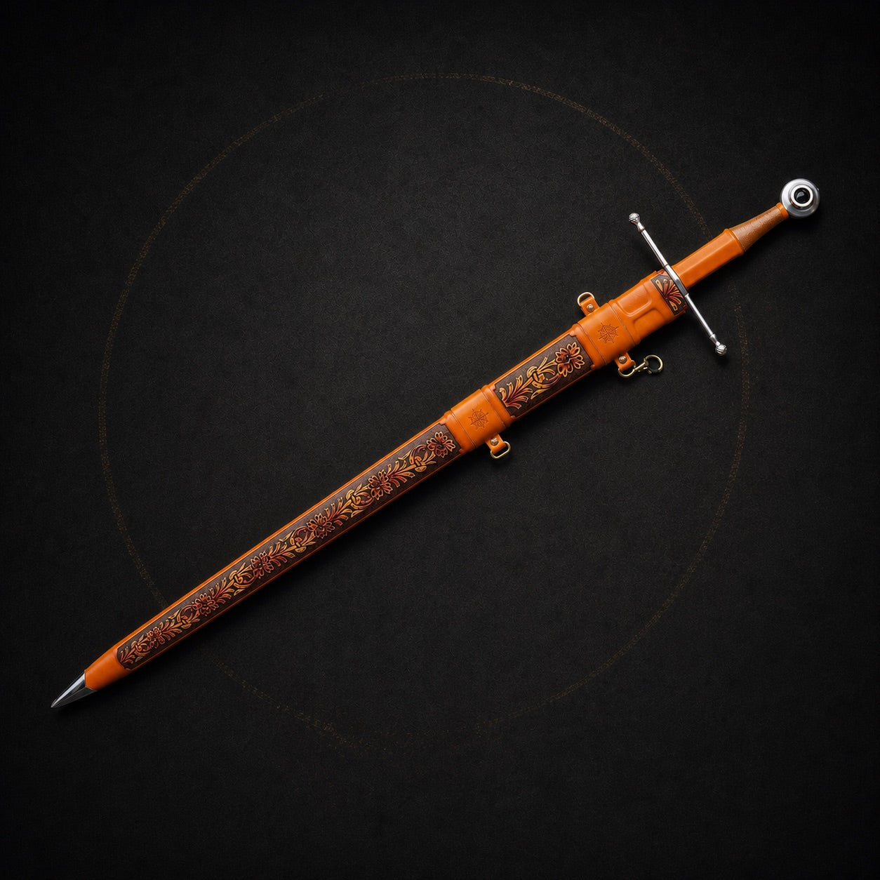 Aurantia longsword fully sheathed in ornate leather scabbard