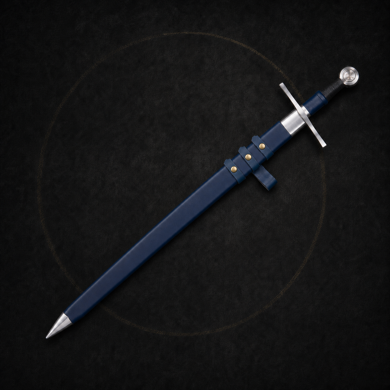 Azure Lion longsword fully sheathed in a straight blue leather scabbard