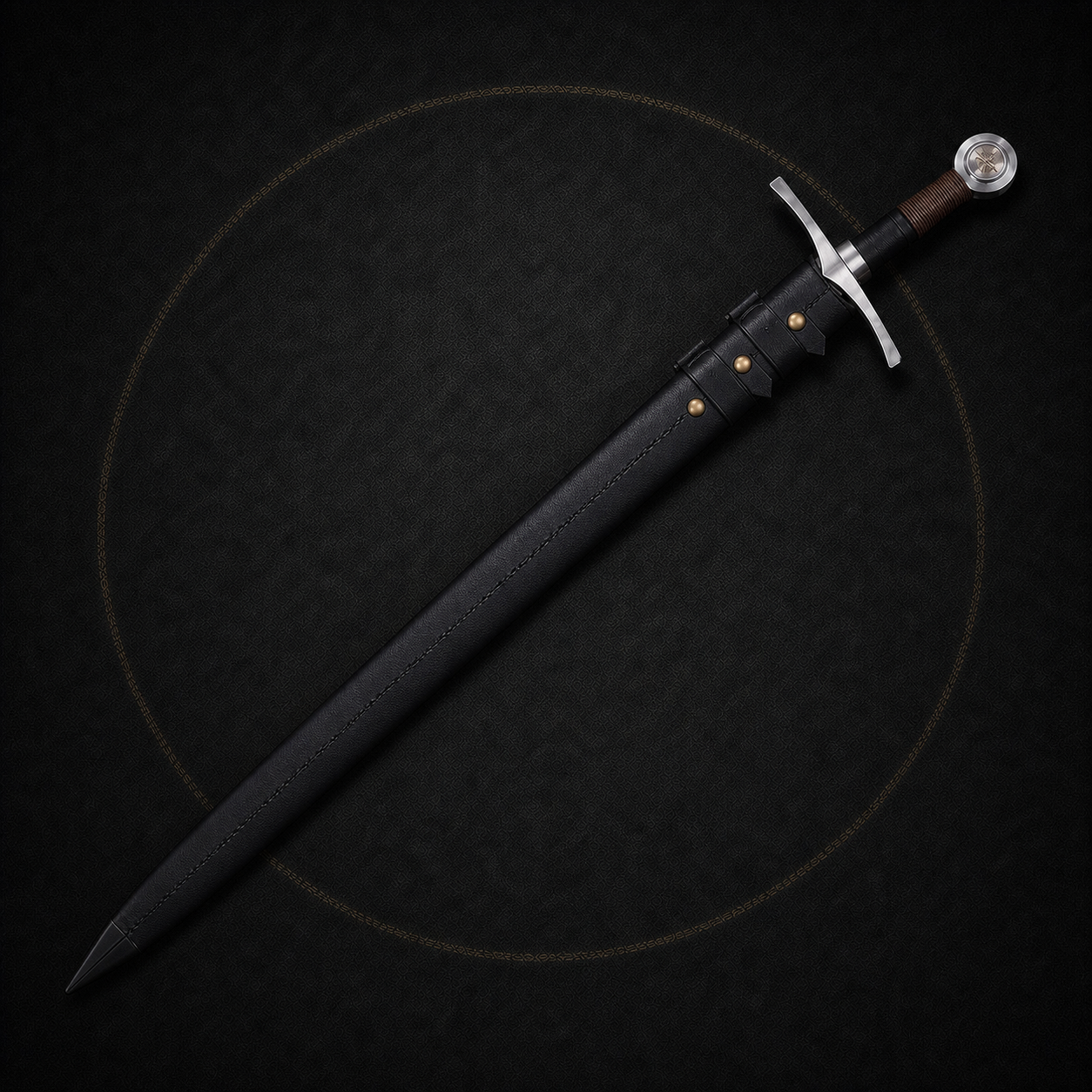Blackthorn bastard sword fully sheathed in a straight black leather scabbard