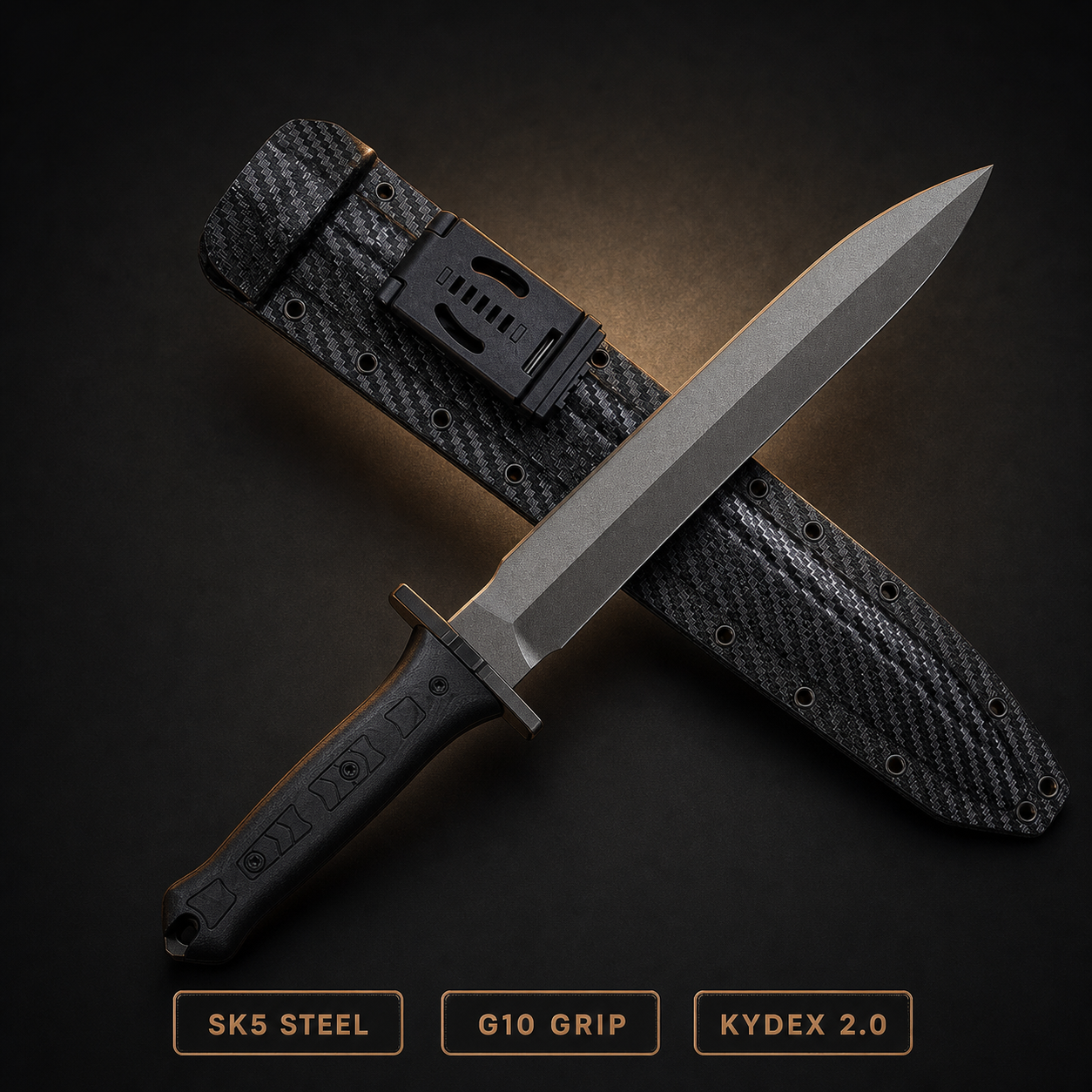 Carbon Viper SK5 short sword with G10 grip and Kydex 2.0 sheath