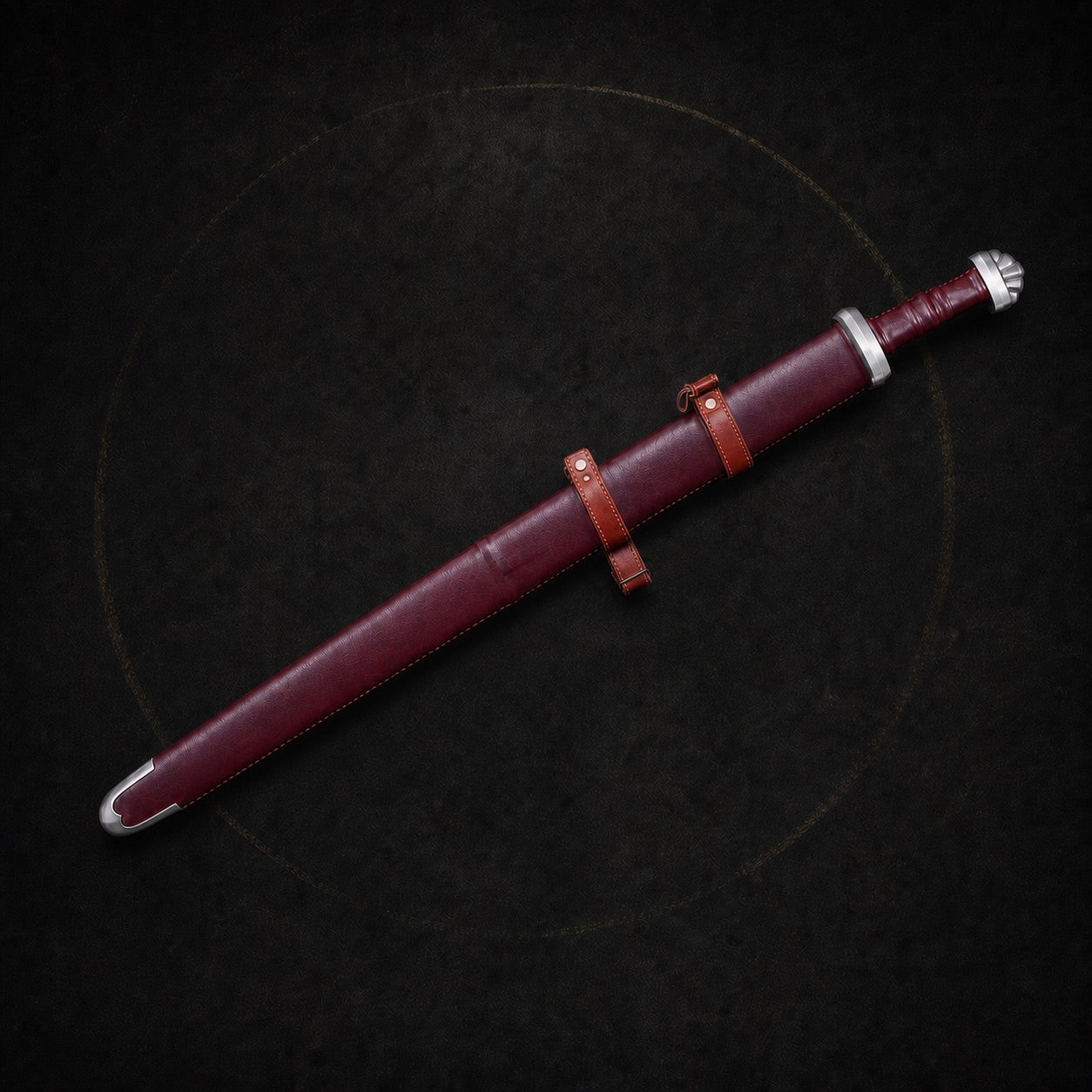 Crimson Valor Viking sword fully sheathed in red leather scabbard