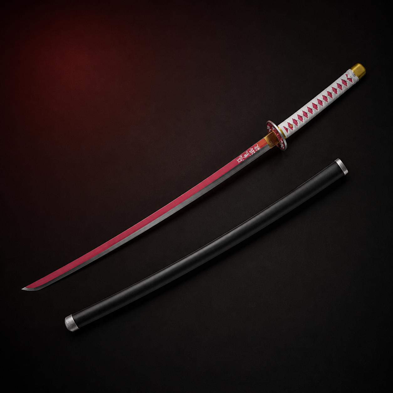 Demon Slayer Kanao-inspired katana with red blade and matching black scabbard