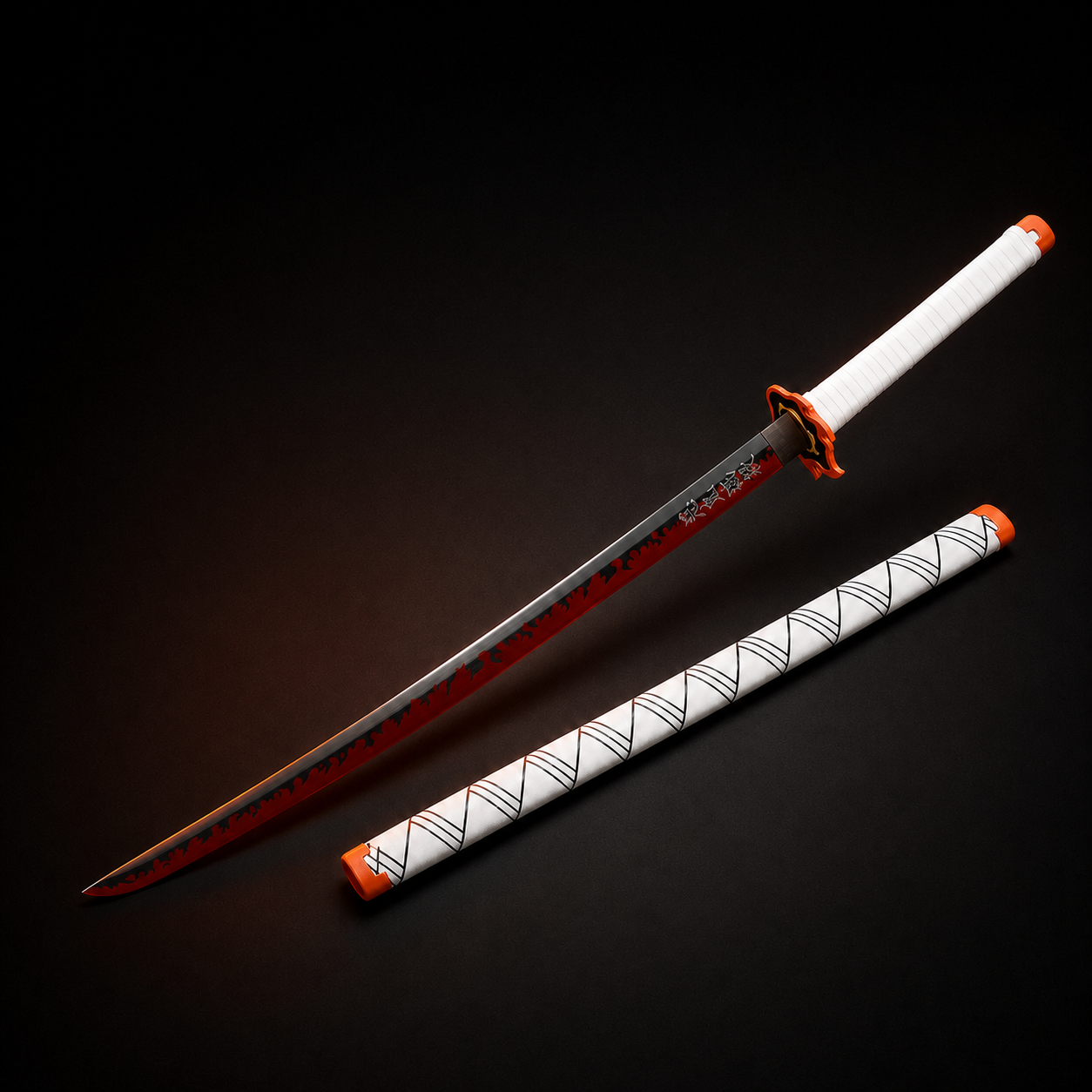 Demon Slayer Rengoku-inspired flame katana with matching white scabbard
