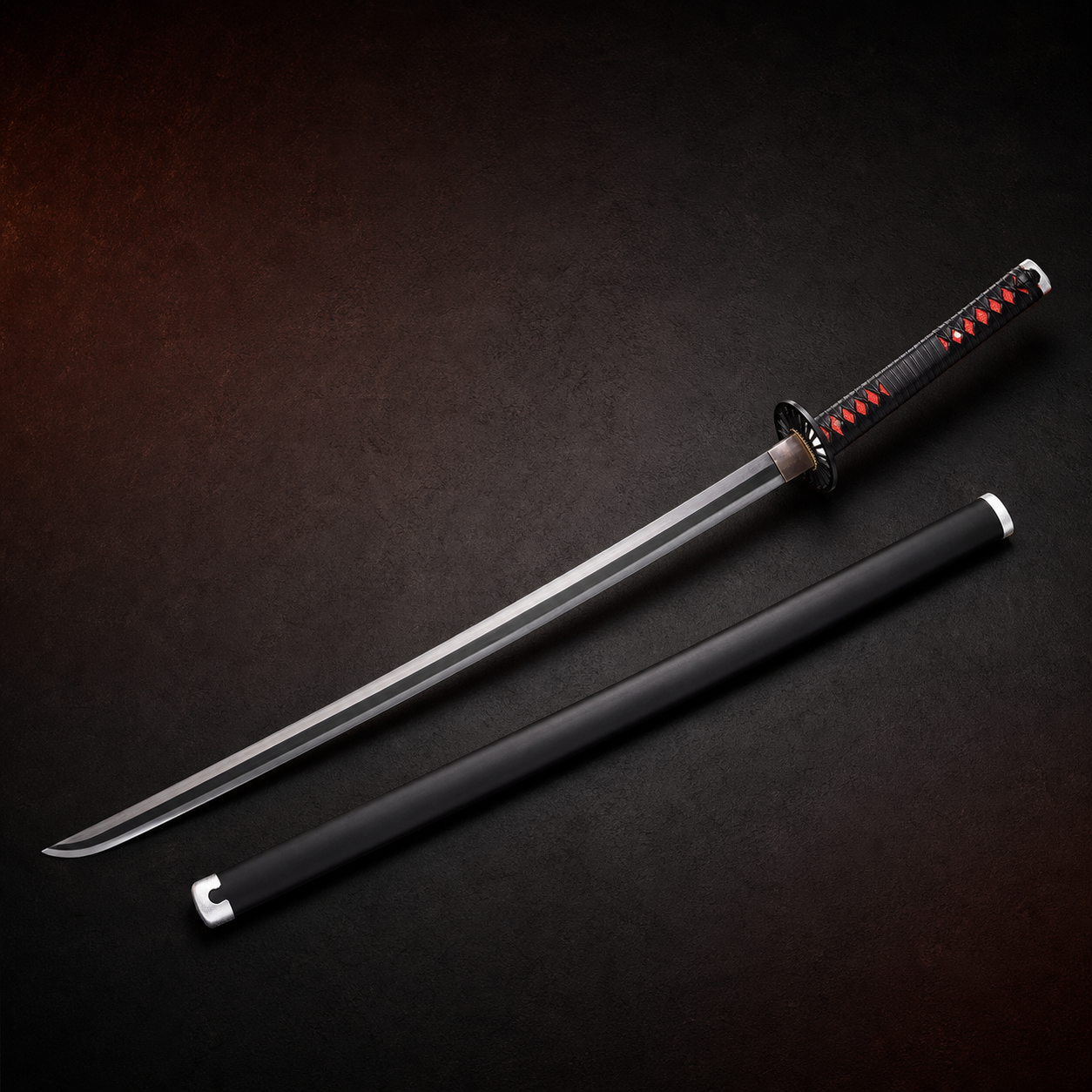 Demon Slayer Tanjiro-inspired black katana with full-length matching scabbard