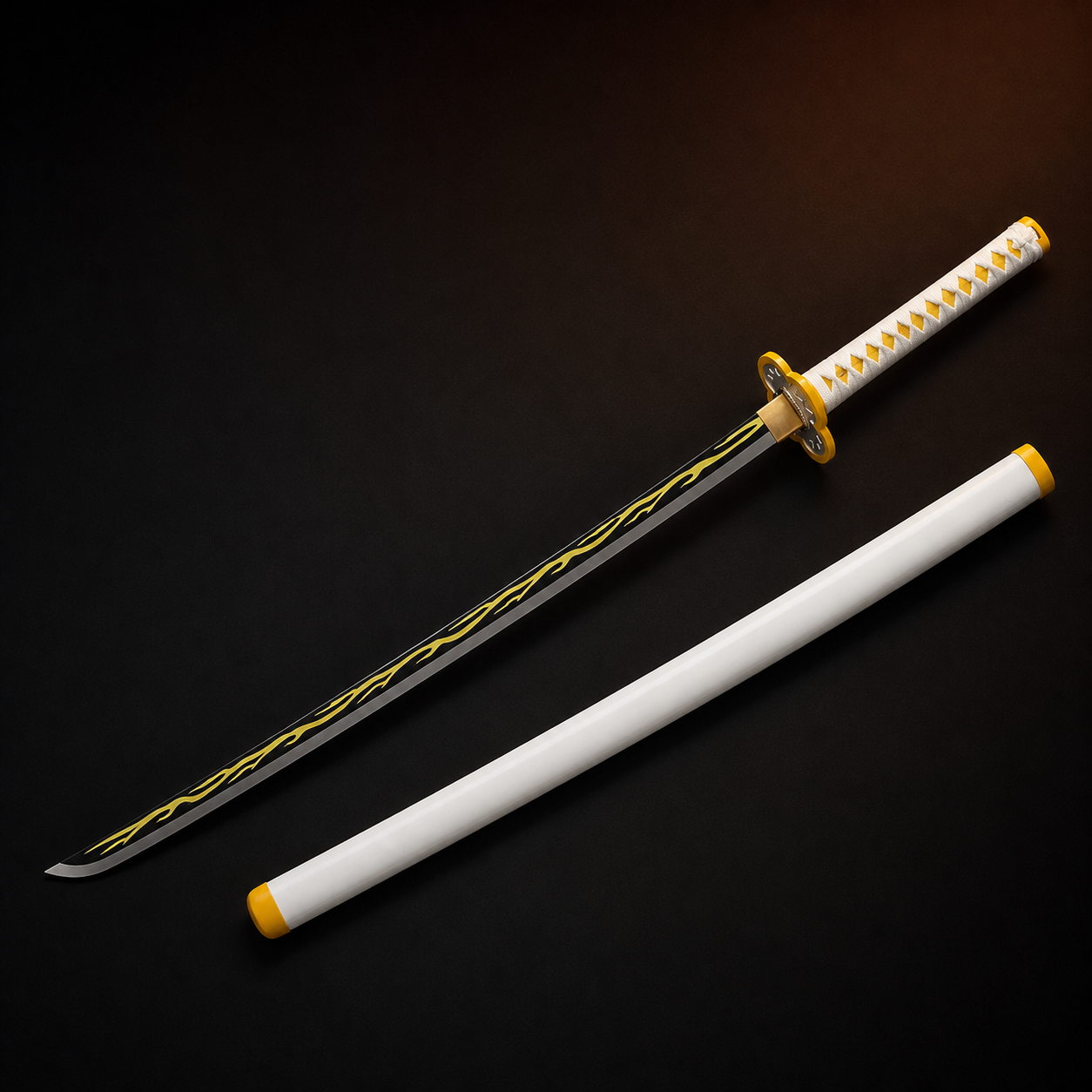 Demon Slayer Zenitsu-inspired katana with lightning blade and full-length white scabbard