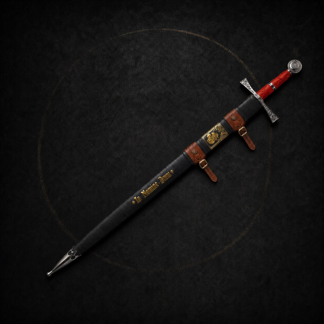 Longsword of the Four Evangelists fully sheathed in black leather scabbard