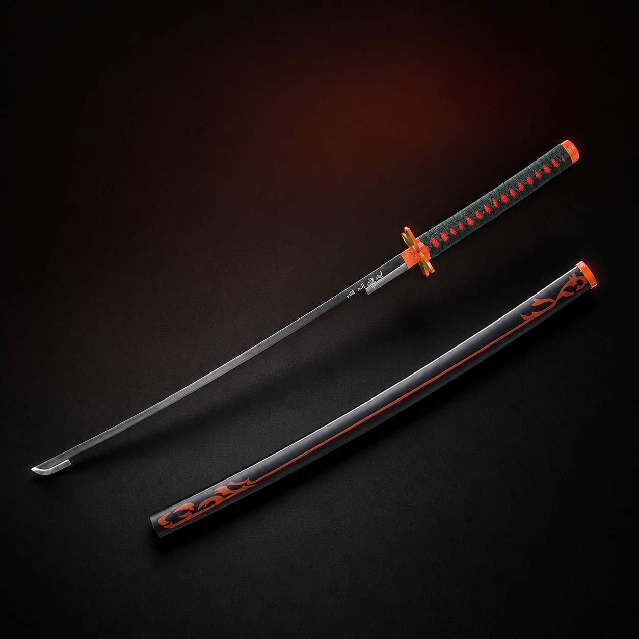 Handmade unsharpened anime katana with matching black and red scabbard