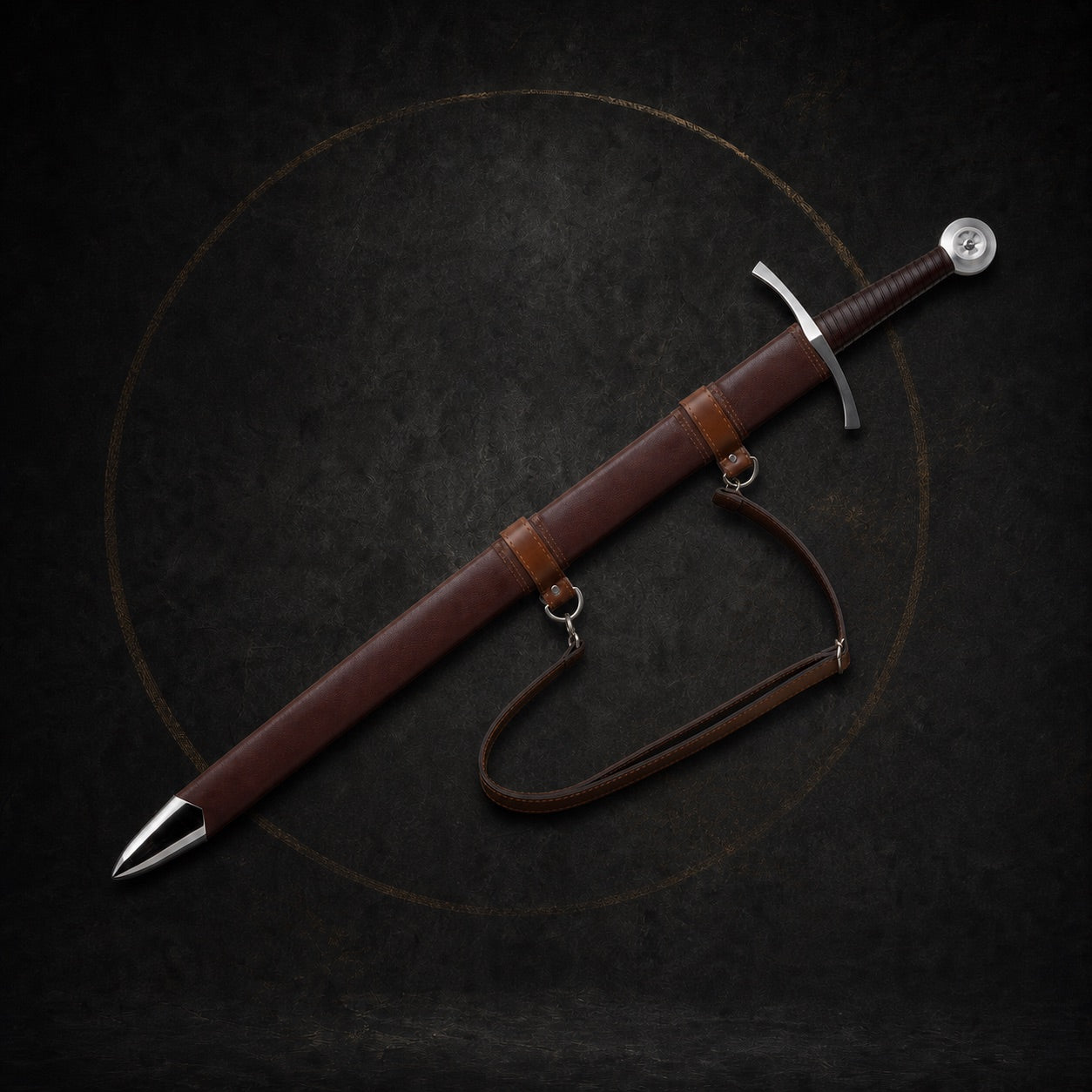 Iron Crown longsword fully sheathed in leather scabbard