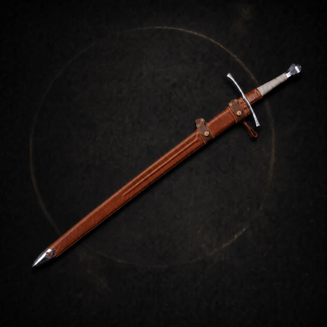 Iron Oath greatsword fully sheathed with straight aligned hilt and brown leather scabbard