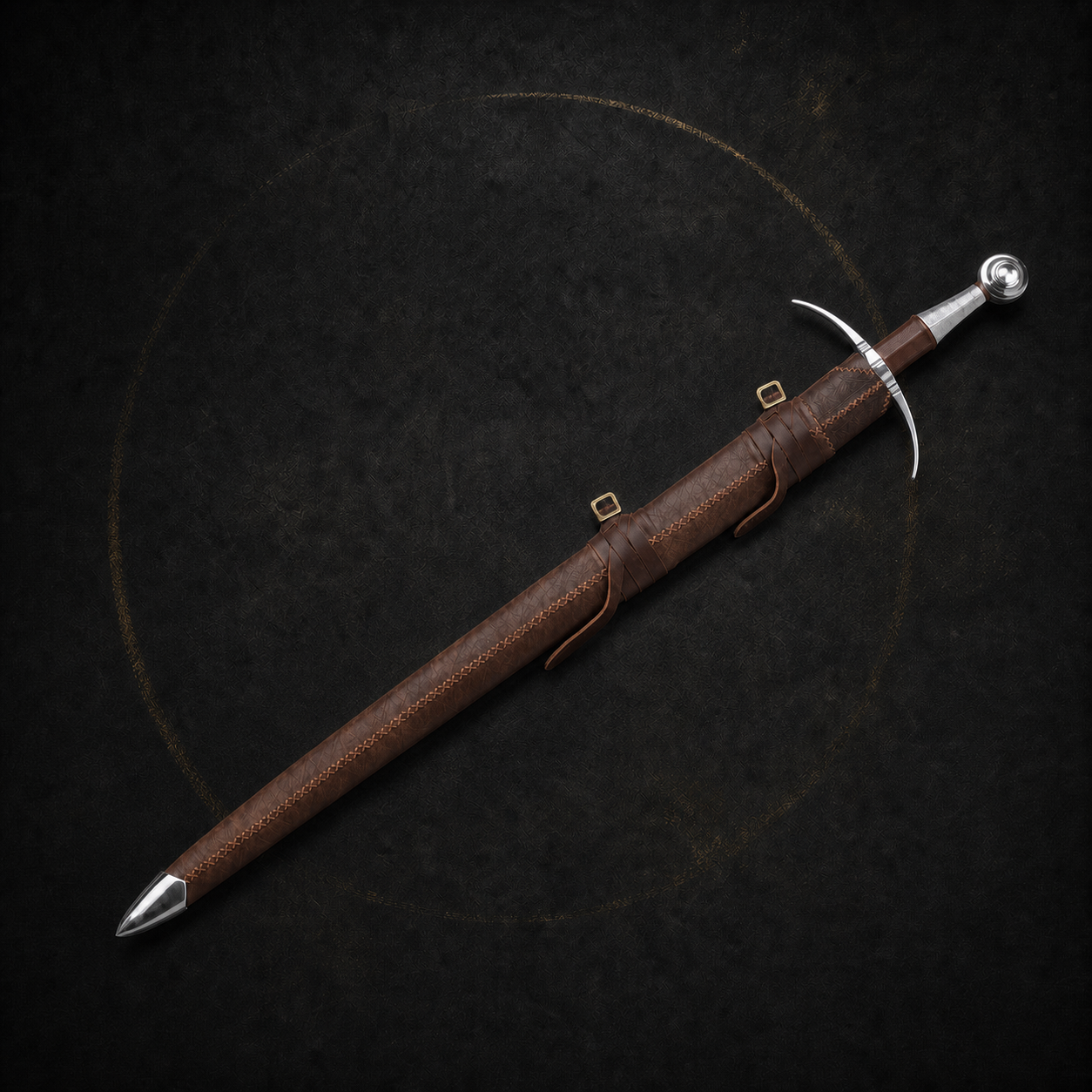 Ironcrest medieval longsword fully sheathed in brown leather scabbard
