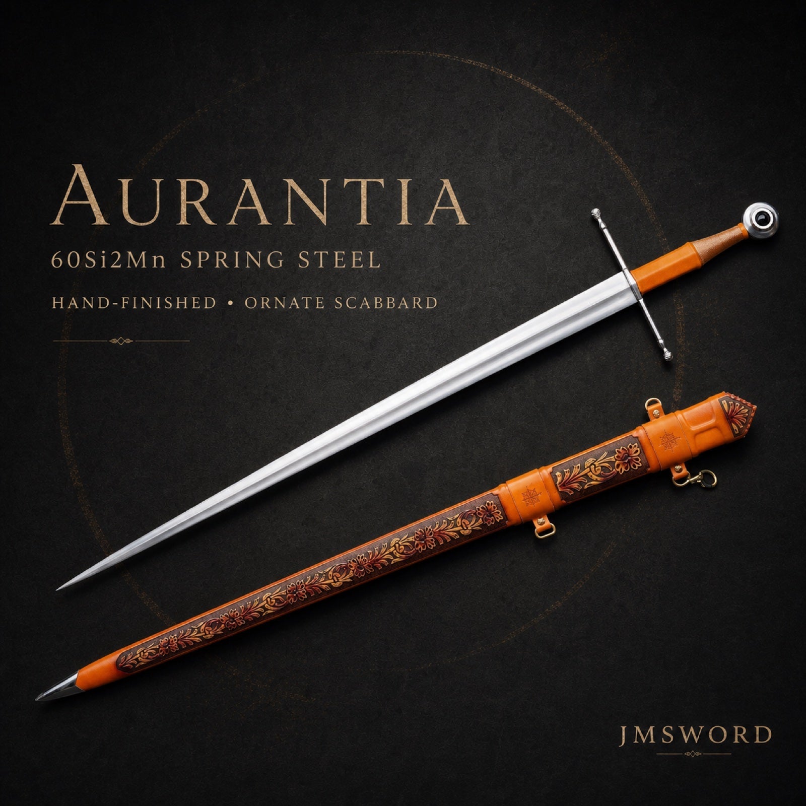 Aurantia spring steel longsword with ornate scabbard