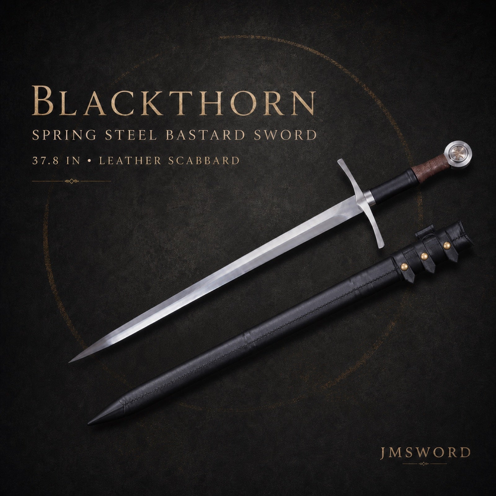 Blackthorn spring steel bastard sword with leather scabbard
