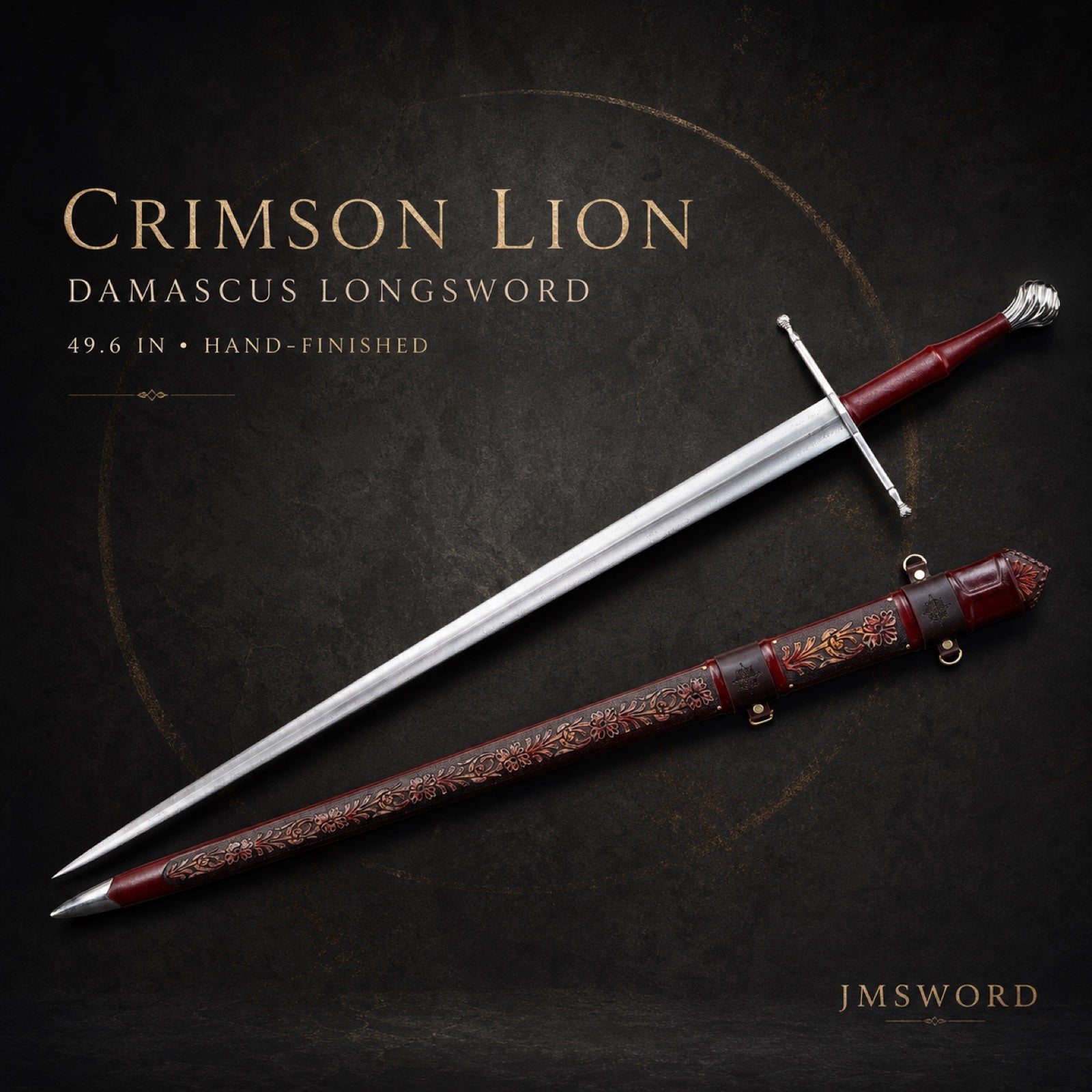Crimson Lion Damascus longsword with ornate scabbard