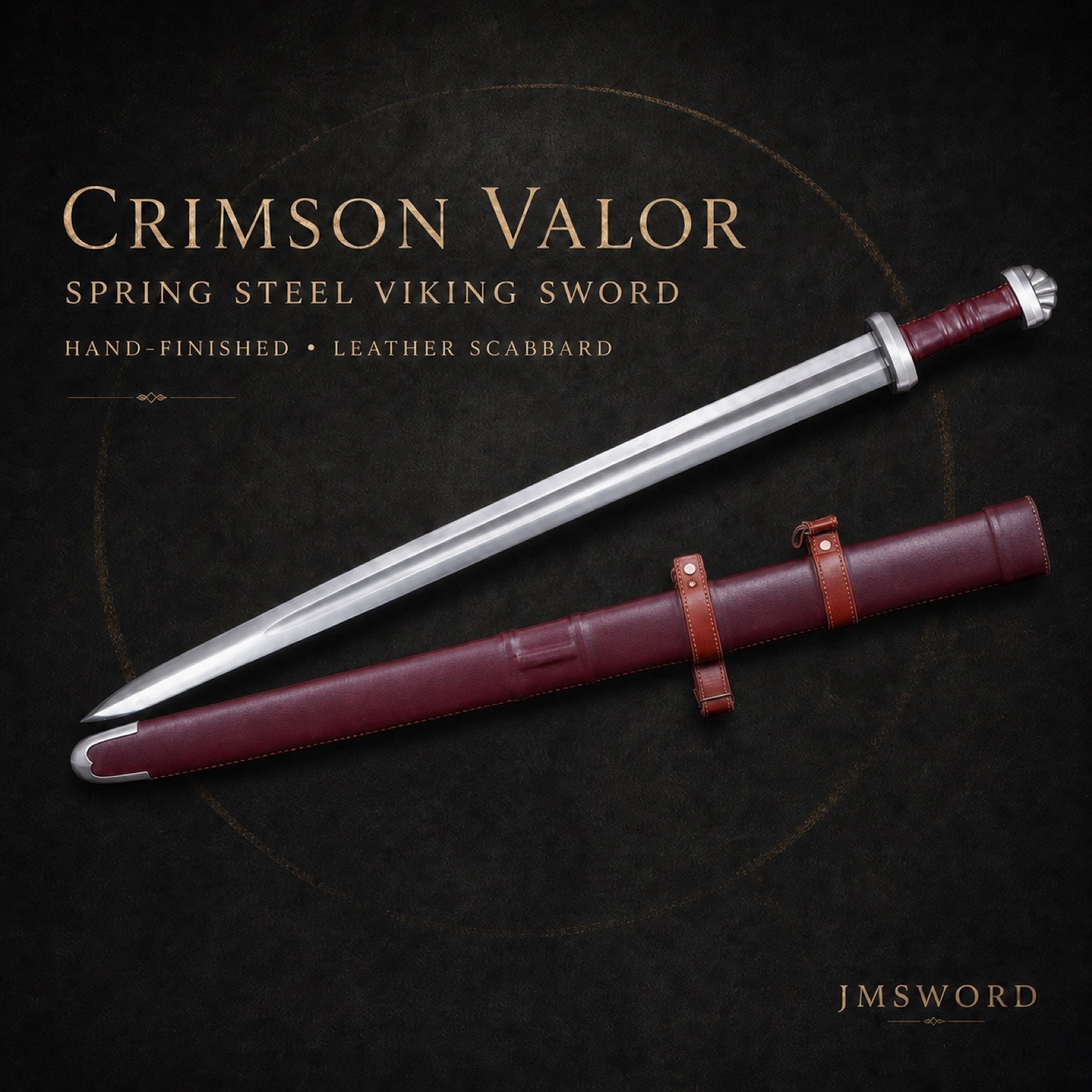 Crimson Valor spring steel Viking sword with leather scabbard