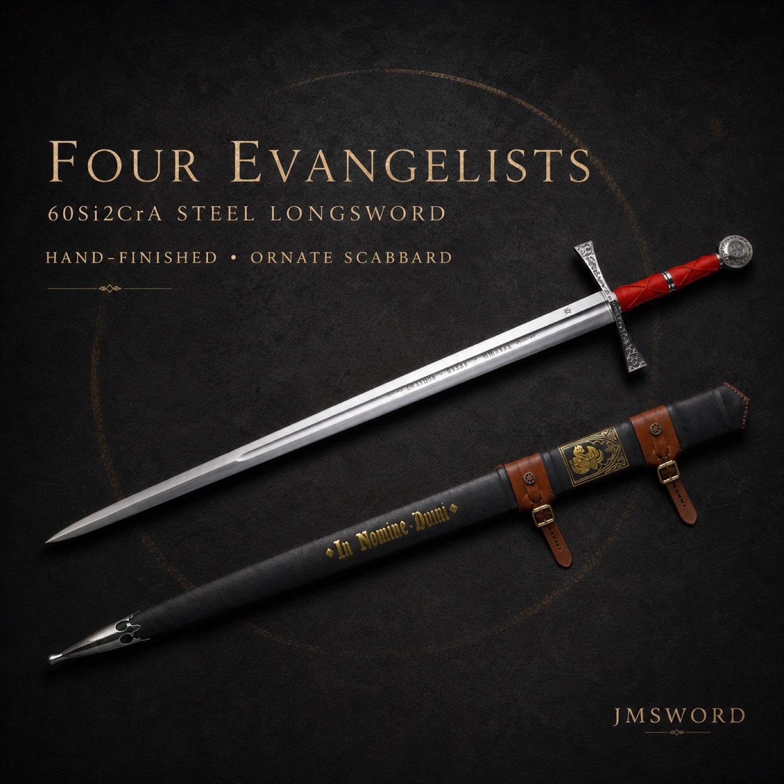 Four Evangelists spring steel longsword with ornate scabbard