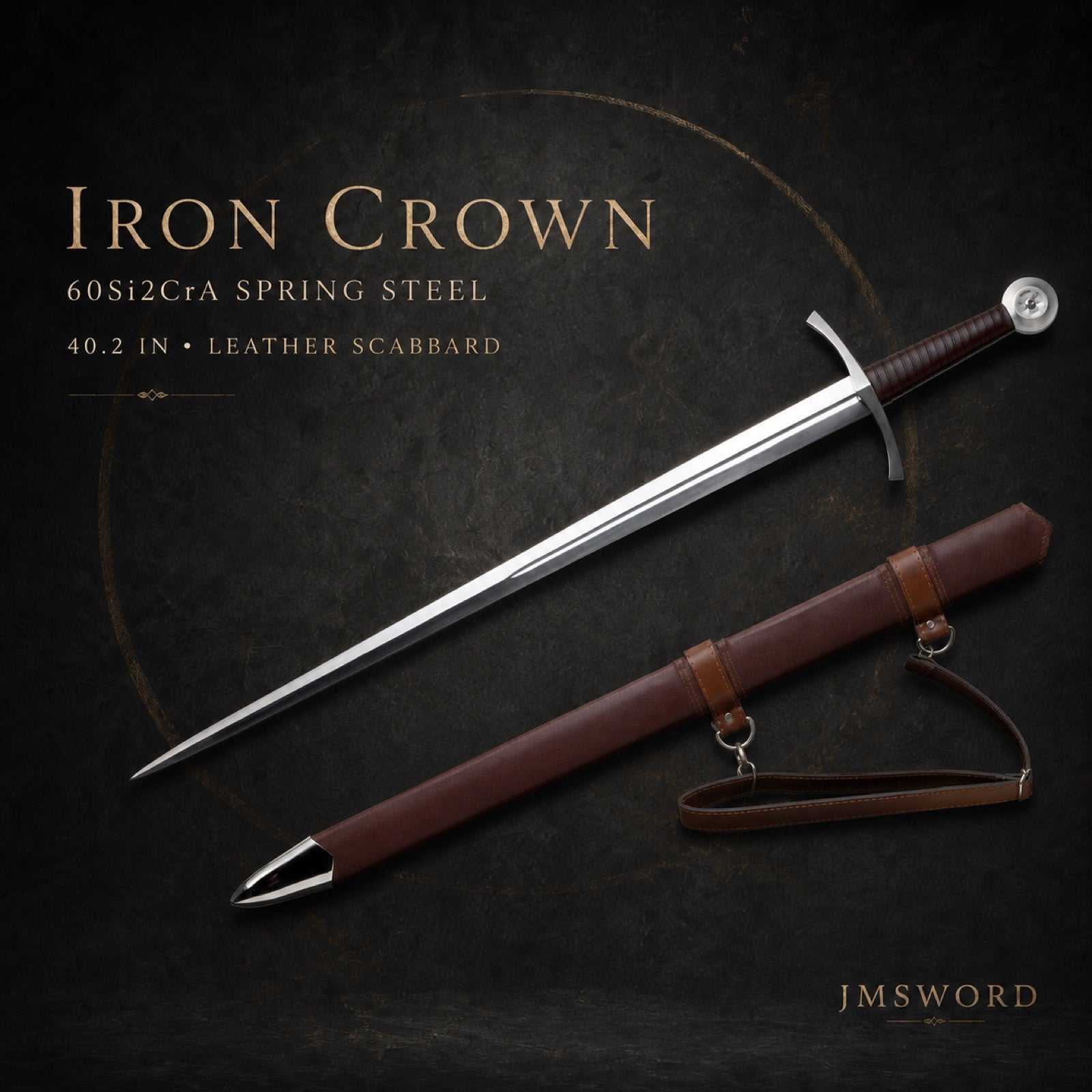 Iron Crown spring steel medieval sword with leather scabbard