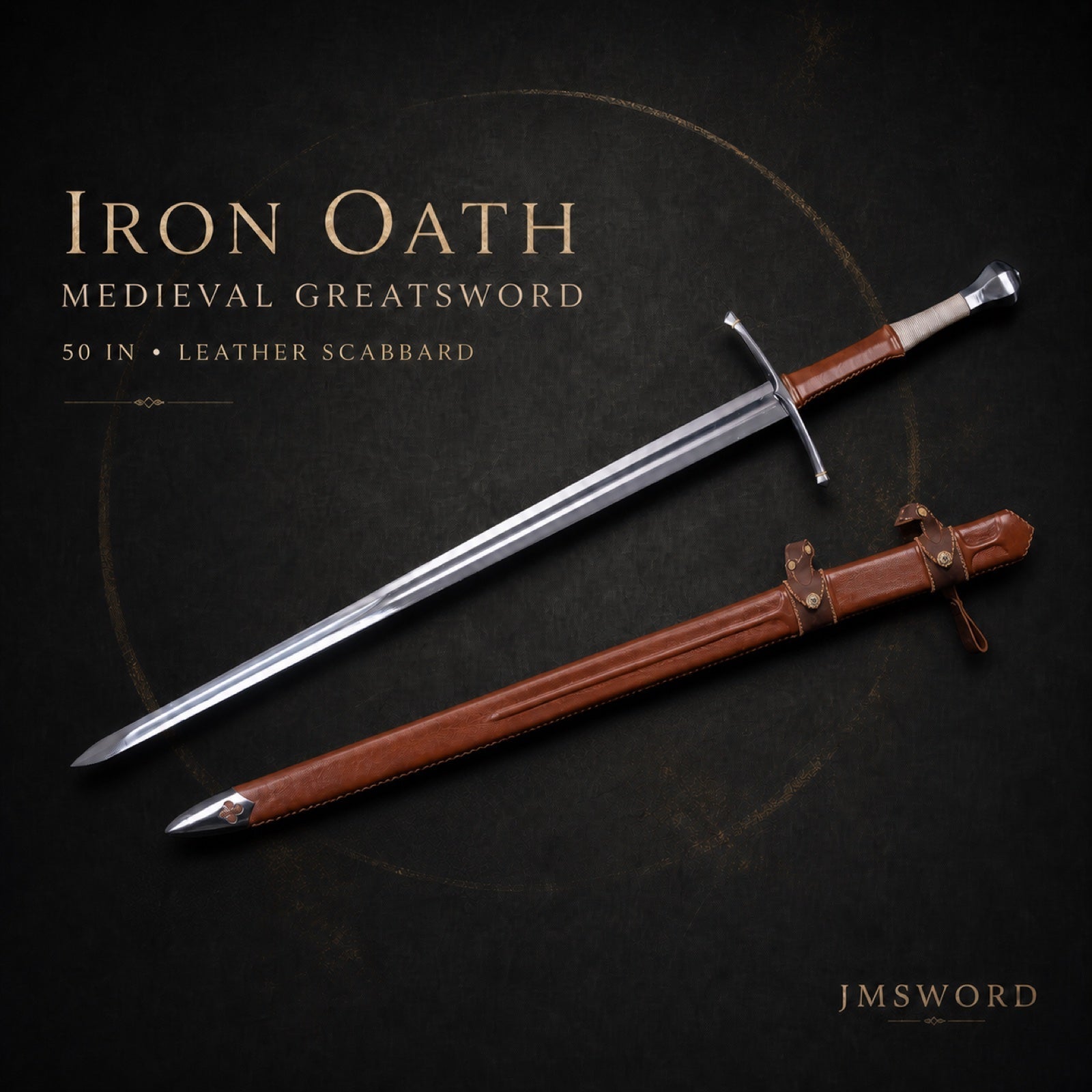 Iron Oath medieval greatsword with leather scabbard