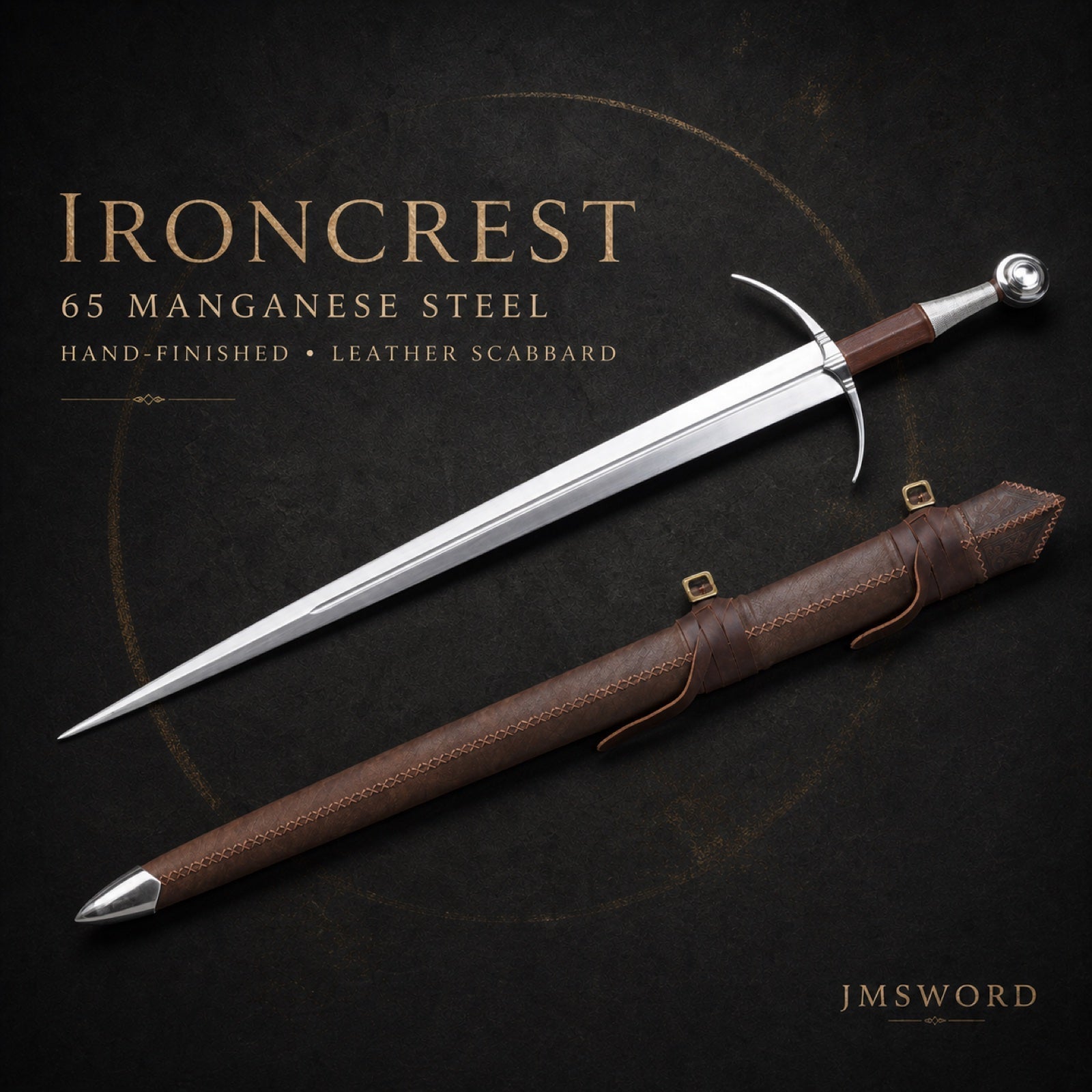 Ironcrest manganese steel longsword with leather scabbard