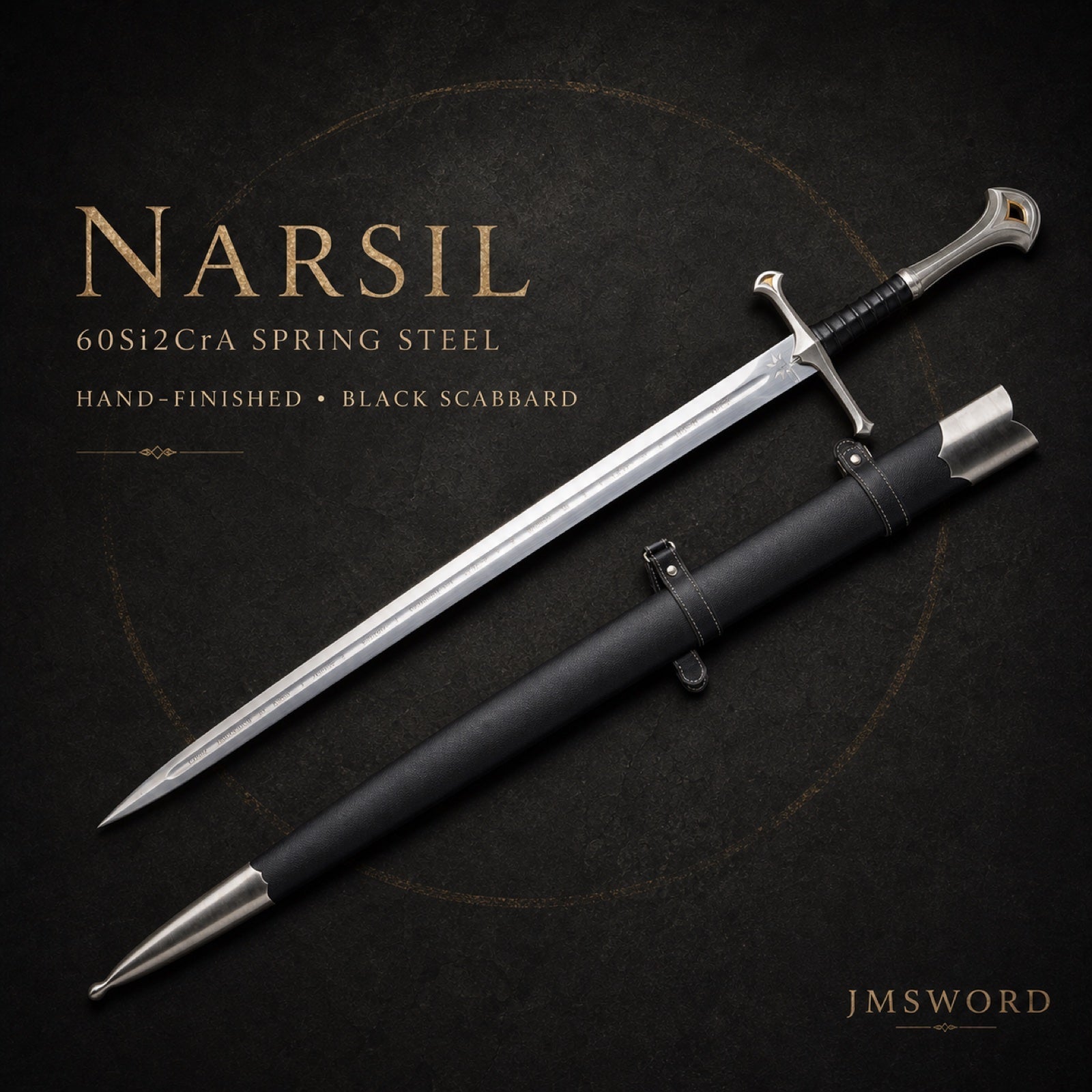 Narsil spring steel fantasy longsword with black scabbard