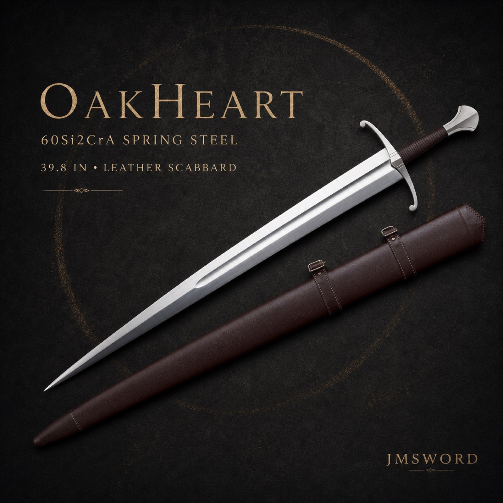Oakheart spring steel medieval sword with leather scabbard