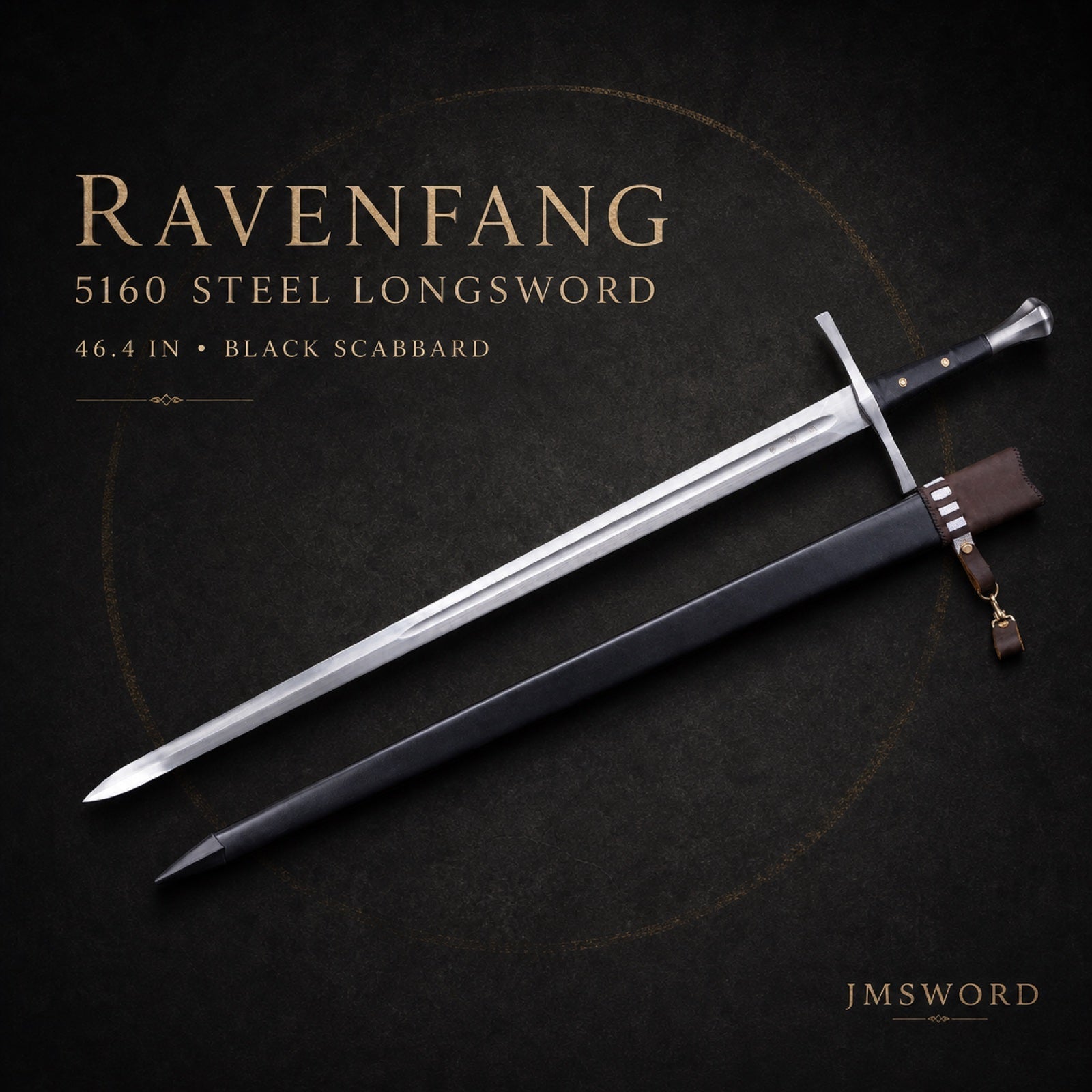Ravenfang 5160 steel longsword with black scabbard