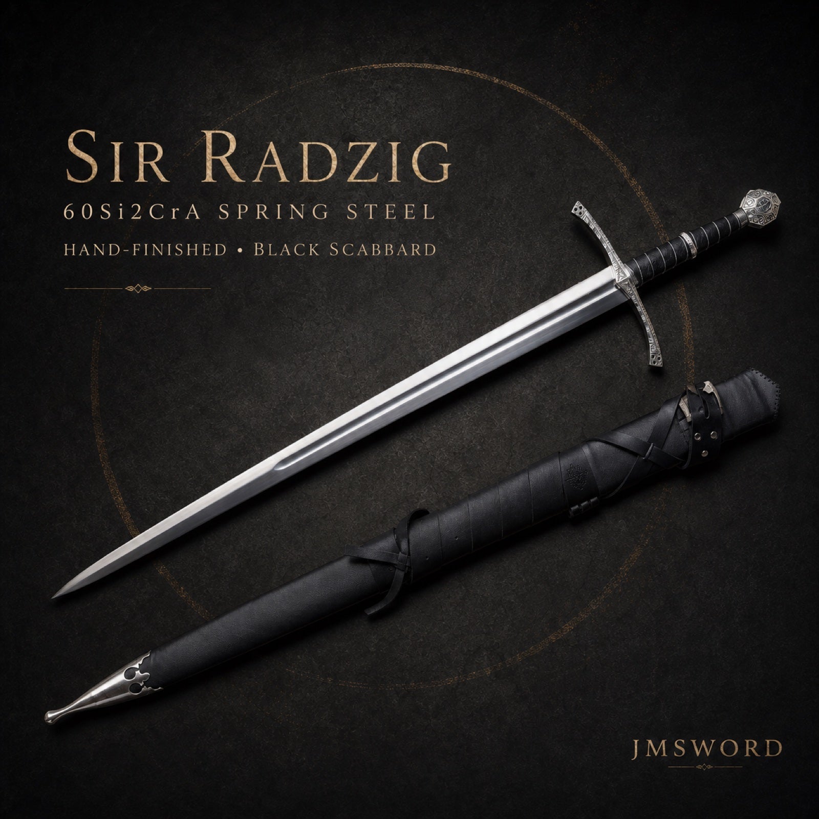 Sir Radzig spring steel longsword with black scabbard