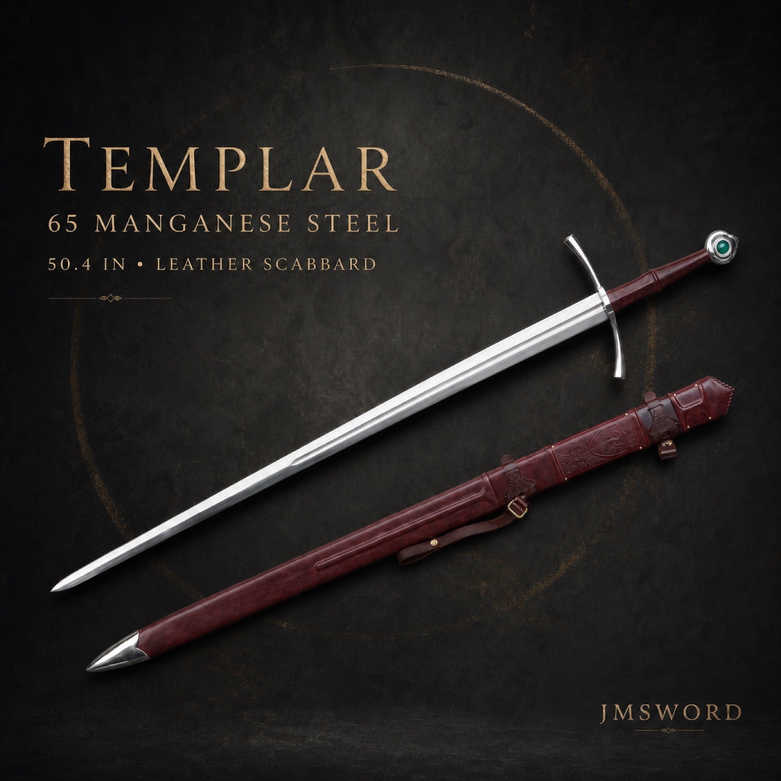 Templar manganese steel longsword with leather scabbard