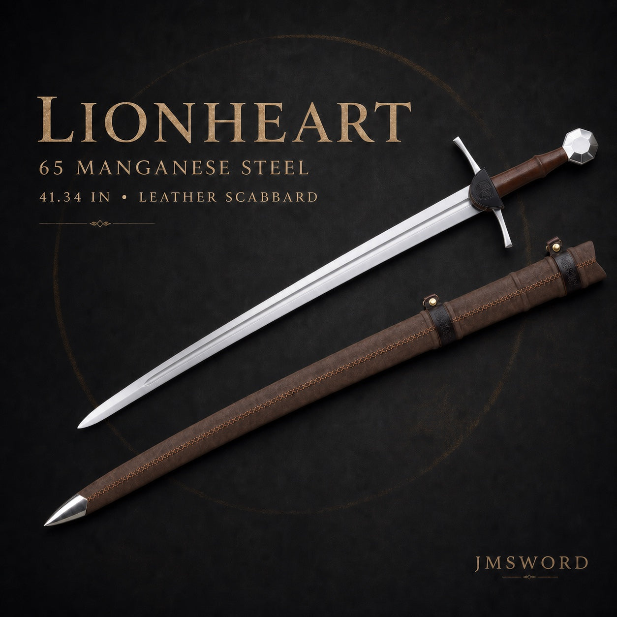 Lionheart 65 manganese steel longsword with straight blade and brown leather scabbard