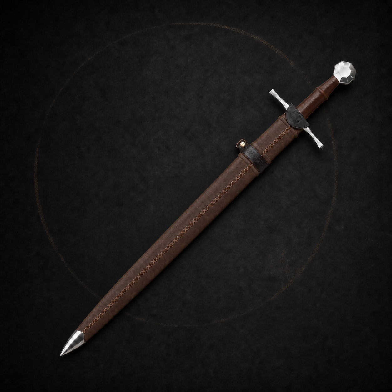 Lionheart longsword fully sheathed with straight aligned hilt and brown leather scabbard