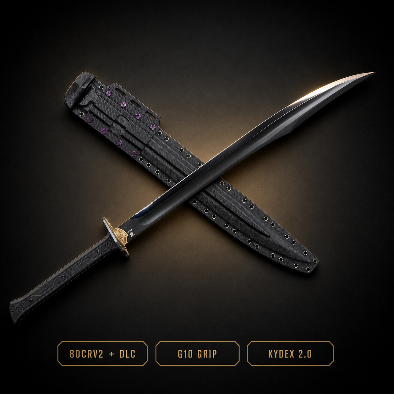 Midnight 80CrV2 DLC tactical gladius with G10 grip and Kydex 2.0 sheath