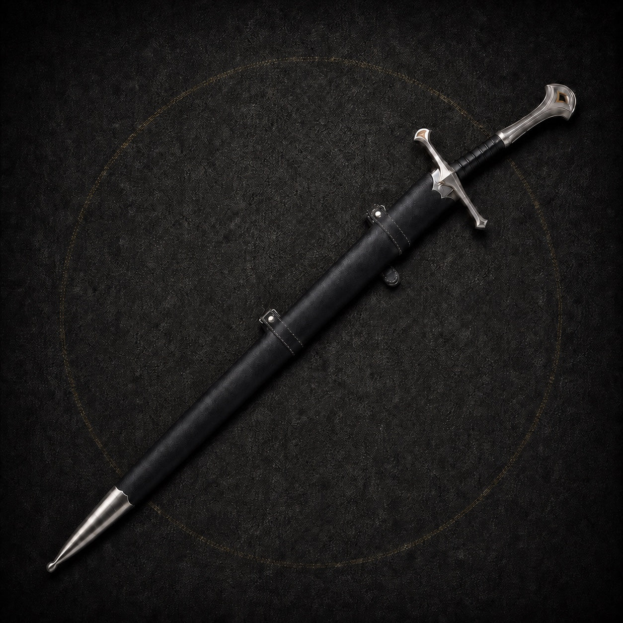 Narsil sword fully sheathed with straight aligned hilt and black leather scabbard