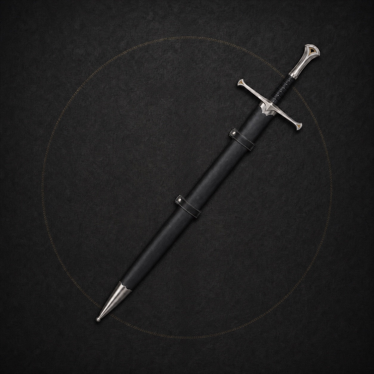 Narsil sword fully sheathed with tip, scabbard, guard, grip and pommel aligned on one straight centerline