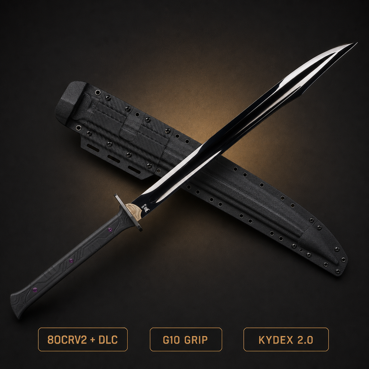 Nightshade 80CrV2 DLC tactical gladius with G10 grip and Kydex 2.0 sheath