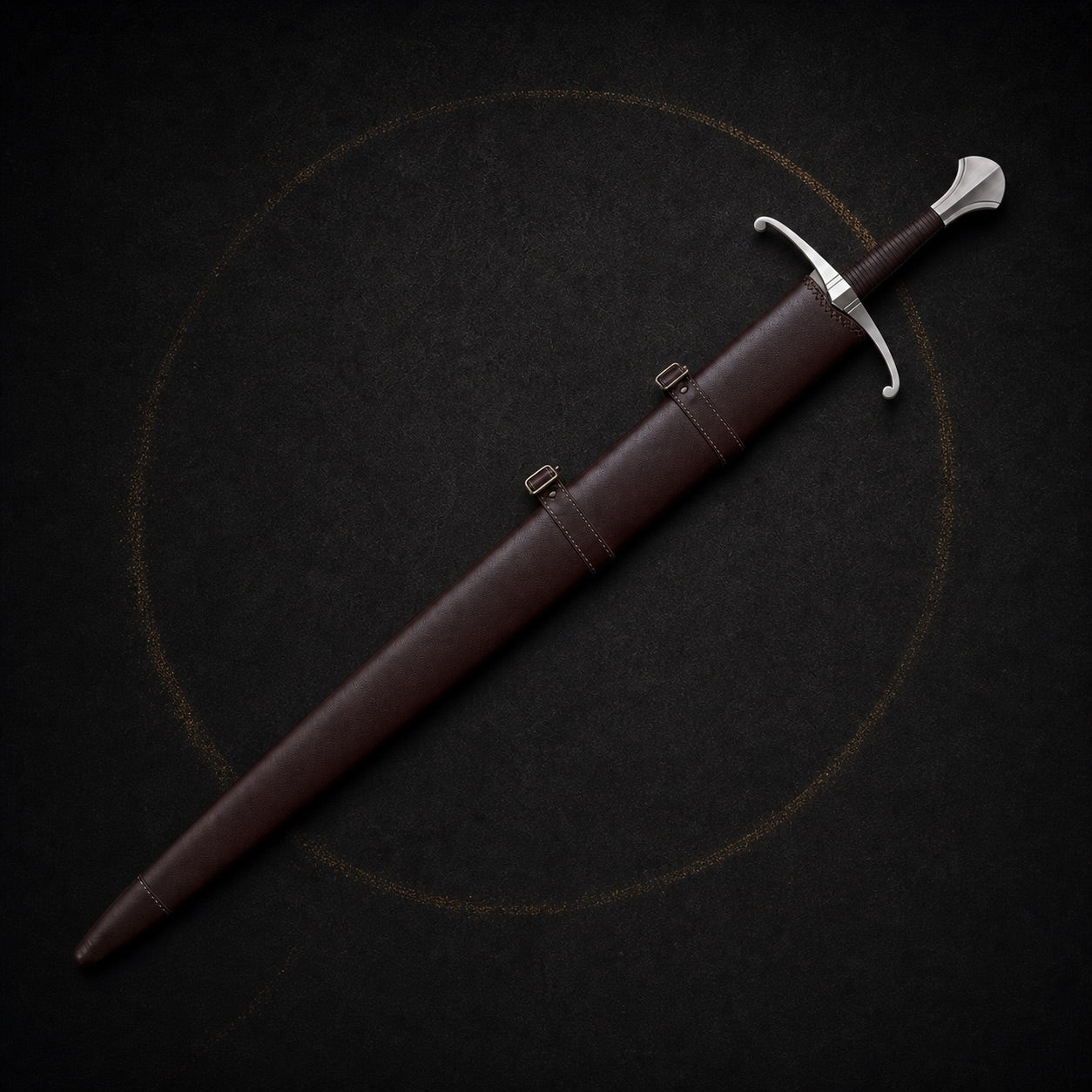Oakheart longsword fully sheathed in brown leather scabbard