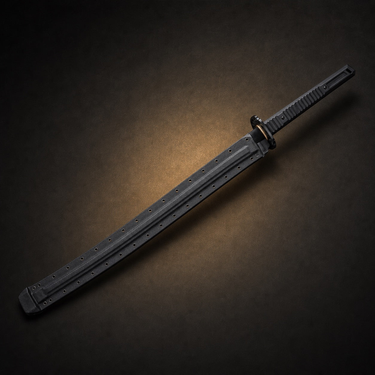 Phantom Shinobi tactical sword fully sheathed in black Kydex scabbard