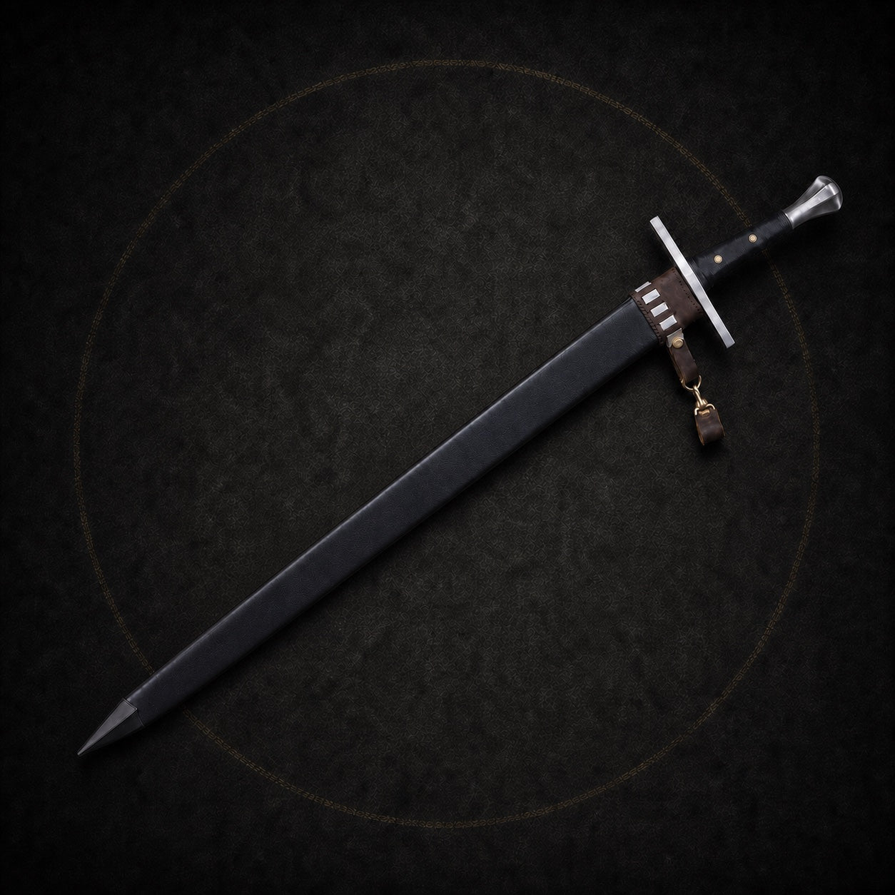 Ravenfang longsword fully sheathed with straight aligned hilt and black leather scabbard