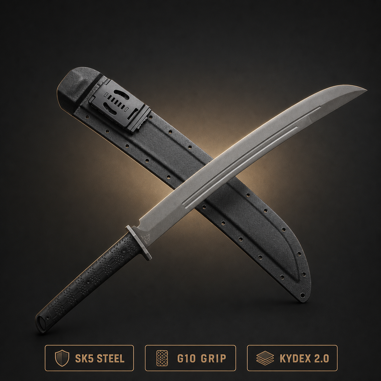 Shadow Fang SK5 tactical machete sword with G10 grip and Kydex 2.0 sheath
