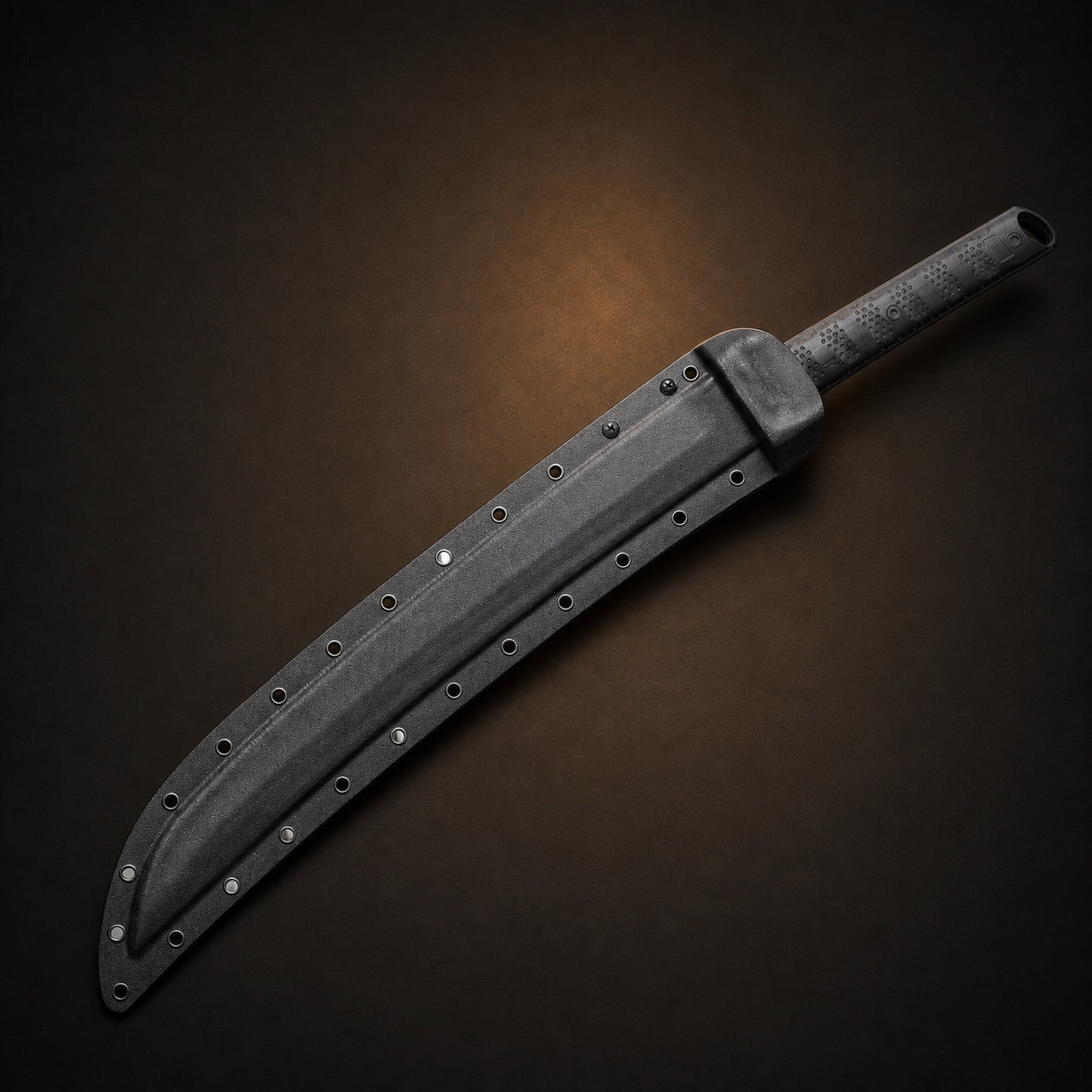 Shadow Fang tactical machete sword fully sheathed in black scabbard