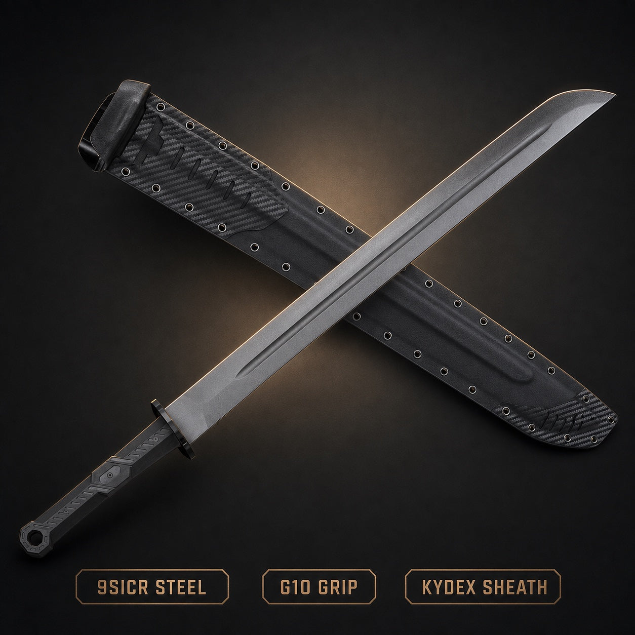 Shadow Reaver 9SiCr tactical sword with G10 grip and Kydex sheath