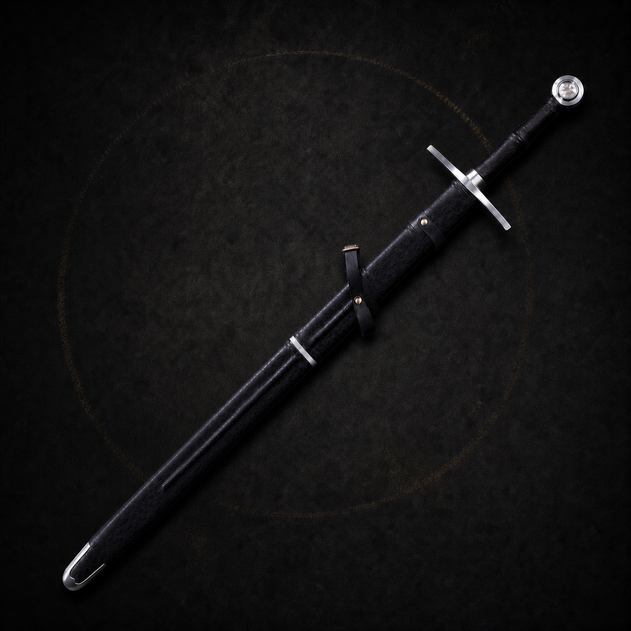 Shadowfang longsword fully sheathed in a straight black leather scabbard