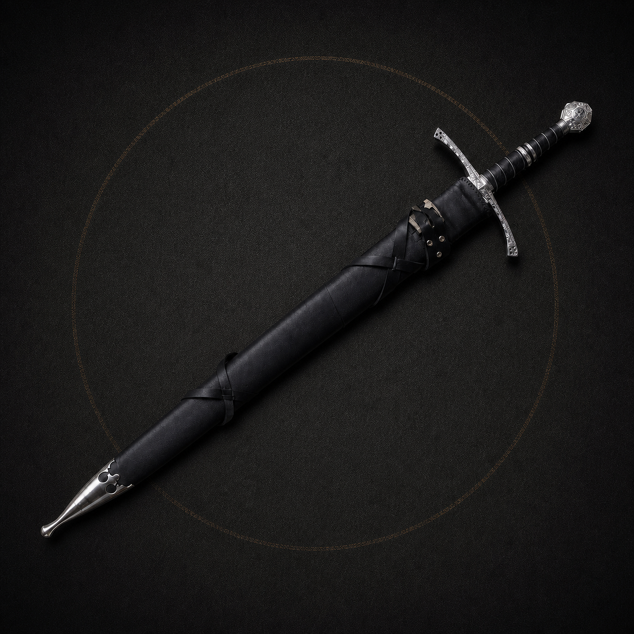Sir Radzig Kobyla sword fully sheathed in a straight black leather scabbard