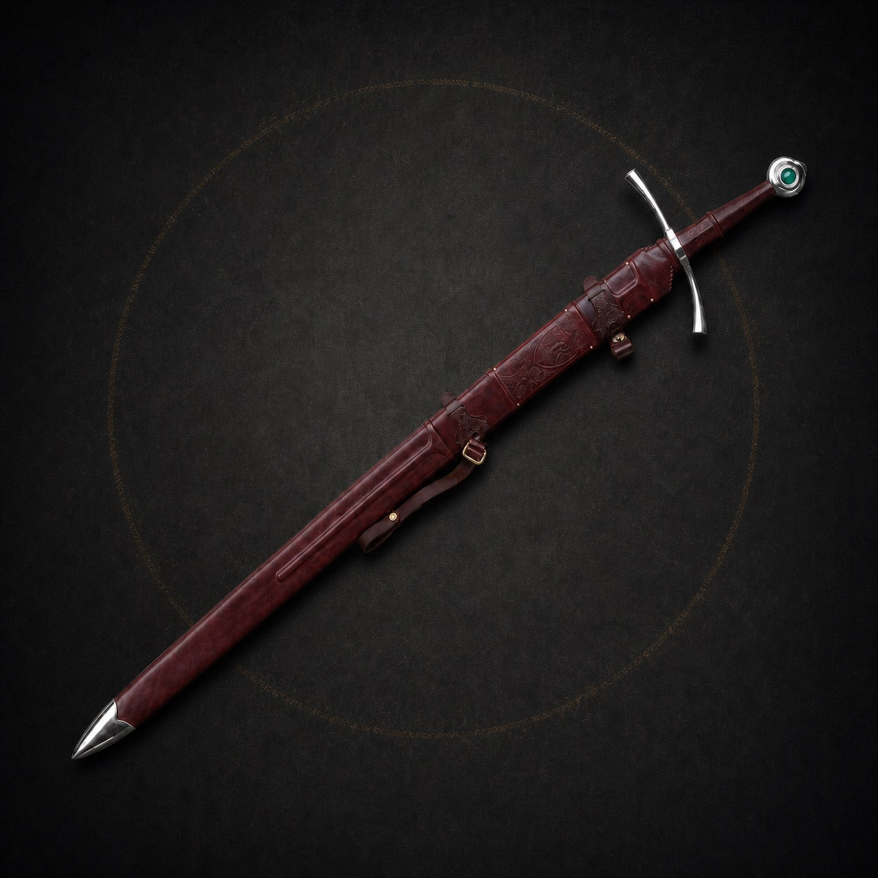 Templar medieval longsword fully sheathed in leather scabbard