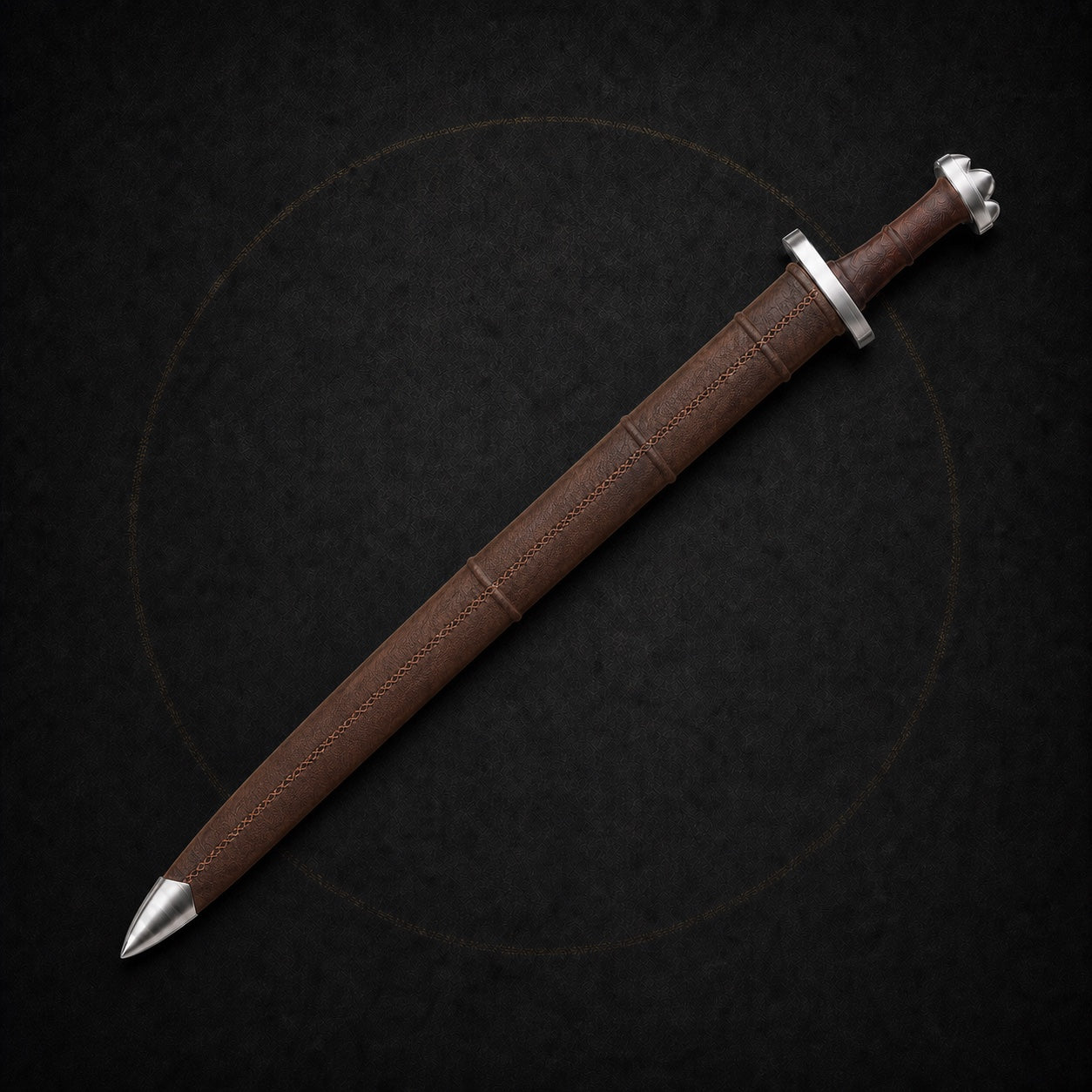 Wolfsong Viking sword fully sheathed with straight aligned hilt and brown leather scabbard