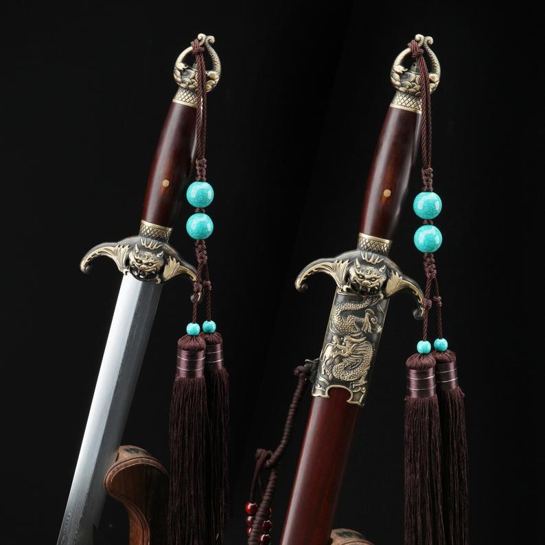 Handmade Dragon Style Chinese Swords Jian With Red Wood Scabbard