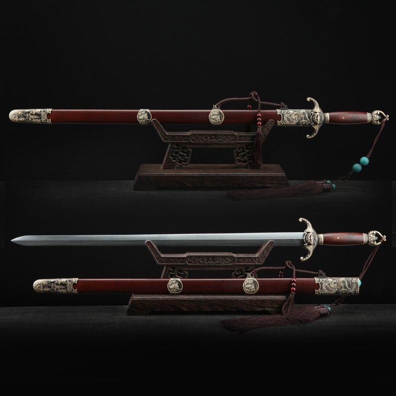 Handmade Dragon Style Chinese Swords Jian With Red Wood Scabbard