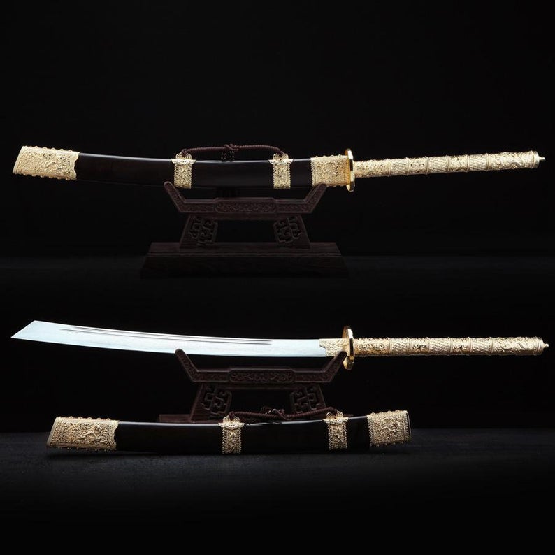 Épées Chinoises Faites à La Main Du Roi De Kang Xi De La Dynastie Qing Avec Fourreau En Bois
