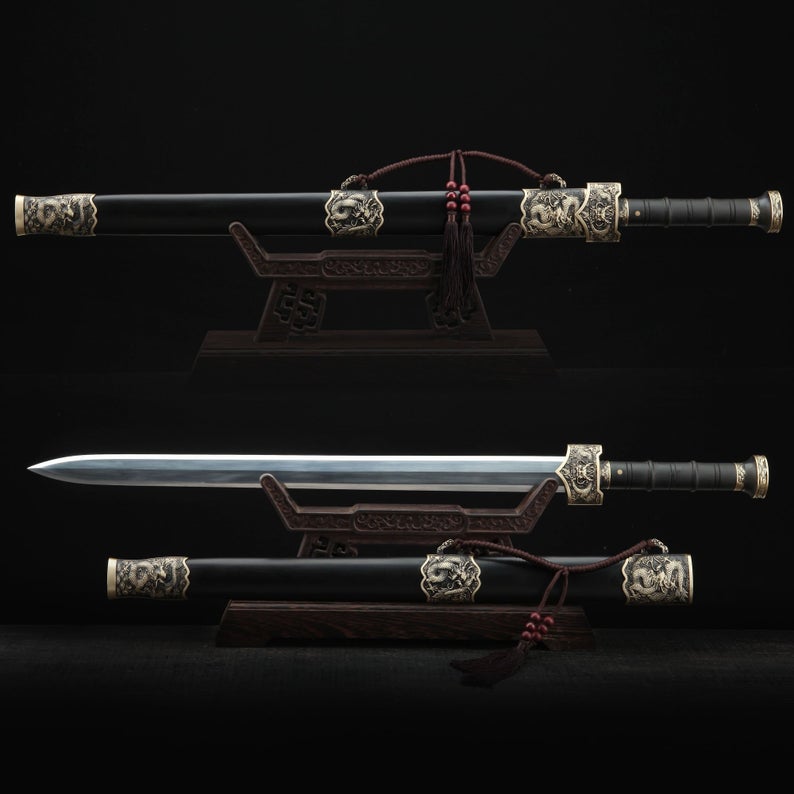 Handmade China Dragon Style Real Chinese Han Swords With Black Scabbard