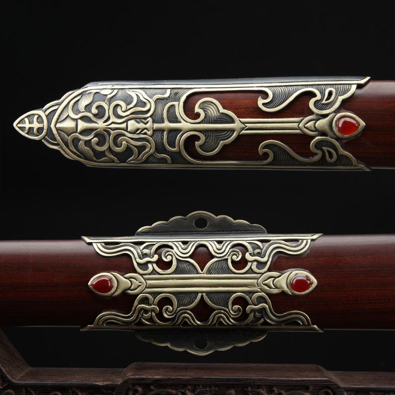Épée Chinoise En Bois De Rose Faite à La Main En Acier De Damas Nom De Feng Shen