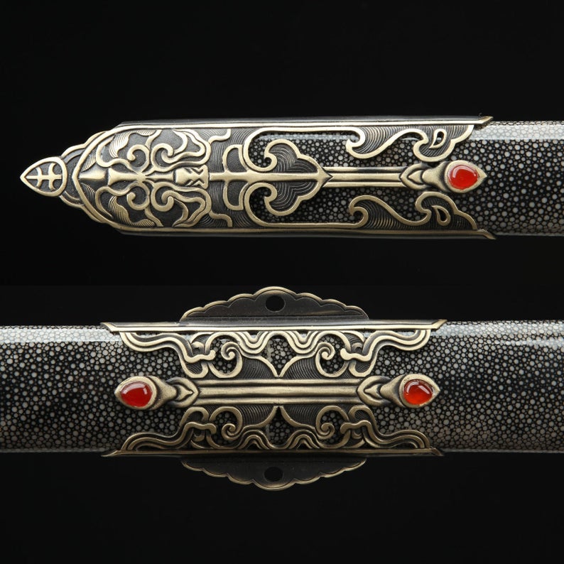 Handmade Real Rayskin Scabbard Damascus Steel Chinese Swords Of Feng Shen Jian
